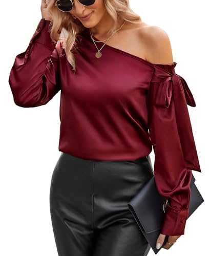 VIDUSSA Women's Silk Satin Shirt Blouse Long Sleeve Off The Shoulder Tops Ladies Casual Going Out Tops