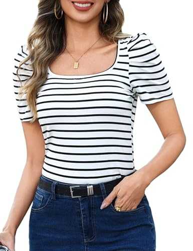 Aottori Summer T Shirts for Women Square Neck Striped Tops UK Ladies Short Sleeve Basic Tee Shirt Casual Slim Fitted Cotton Tunic Top