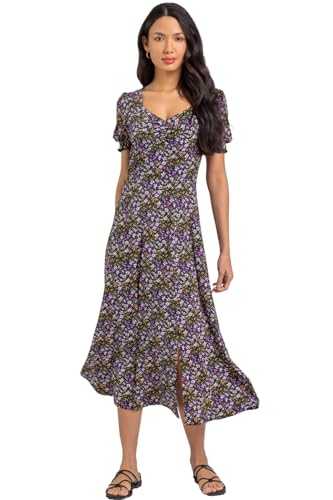 Roman Originals Floral Print Dress for Women UK Ladies Sweetheart Neck Ruched Midi Maxi Long Length Short Sleeve Flattering Casual Summer Spring Party Evening Going Out