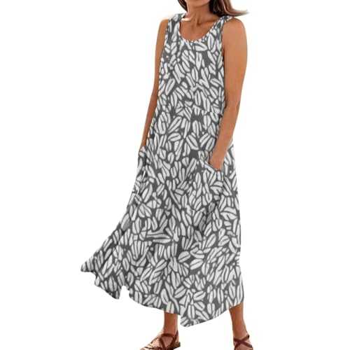 Summer Dress for Women UK Casual Flowy Loose Floral Print Crew Neck Sleeveless Dresses Maxi Tank Dress with Pockets Oversized Beach Sundress