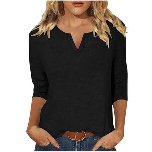 UK Ladies Tops 3/4 Sleeve Shirts for Women Causal Loose Fit V Neck Jumpers Basic Pullover Blouses Women Trendy Fall Clothing Elegant V-Neck Tops Women Fashion Solid Loose Shirt Mid Length Blouse Top