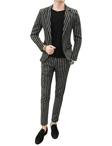 Qrkoda Men's Stripe Suit 2-Piece One Button Notch Lapel Jacket Pants for Party Dinner Groom