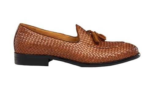 Men’s Handmade Woven Leather Tassel Loafer Intricate Basket Weave Slip on Shoes