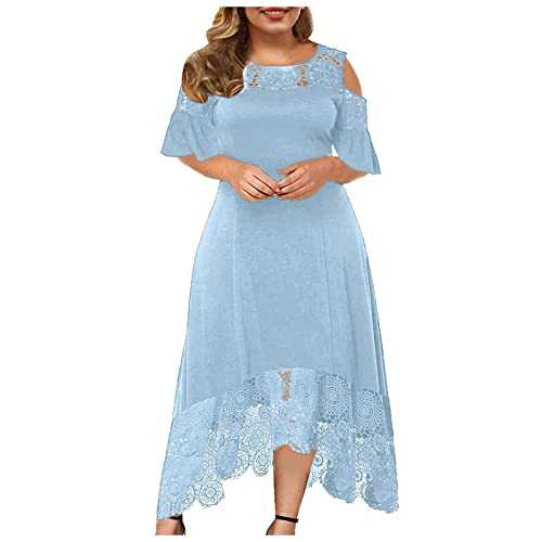 AMhomely Plus Size Dresses for Women Sexy Lace Splicing Cold Shoulder Ruffle Sleeve Dress Casual Loose Dress Summer Maxi Long Dress Oversized Hawaiian Beach Dresses Cruise Outfits Dresses