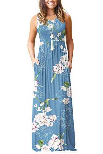 AUSELILY Women's Summer Casual Sleeveless Maxi Dress Loose Long Dresses with Pockets Floral Light Blue XXL