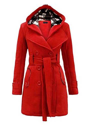 Cocominibox Women's Winter Thick Fleece Check Hooded Double Breast Trench Coat Jacket