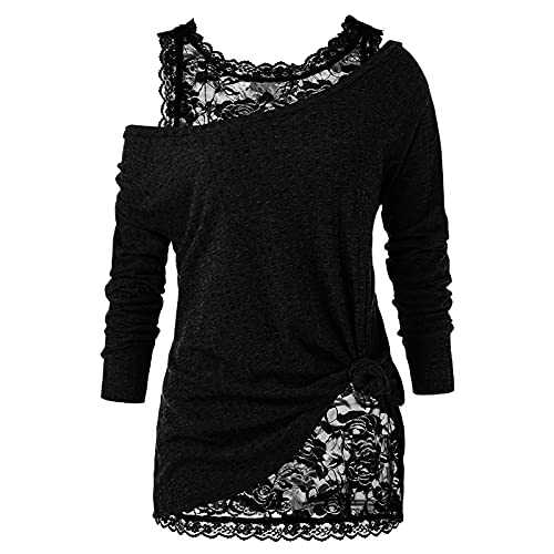 AMhomely Women Blouse Sale Ladies Sexy Solid Color Long Sleeve Skew Neck Knot T Shirt with Floral Lace Two-Piece Suit Tops Blouse Clearance Plus Size Elgant Office Shirts UK Size S-5xl, Green