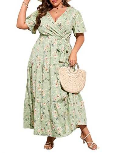 ShopWonder Womens Plus Size V Neck Wrap Maxi Dress High Waist Ruffle Summer Casual Dress with Belt