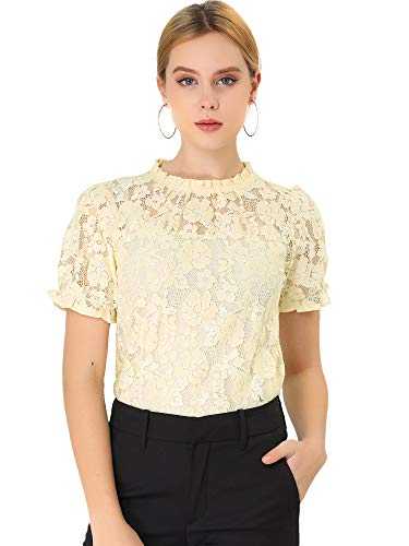 Allegra K Women's Puff Short Sleeve Ruffle Neck See-Through Floral Lace Top