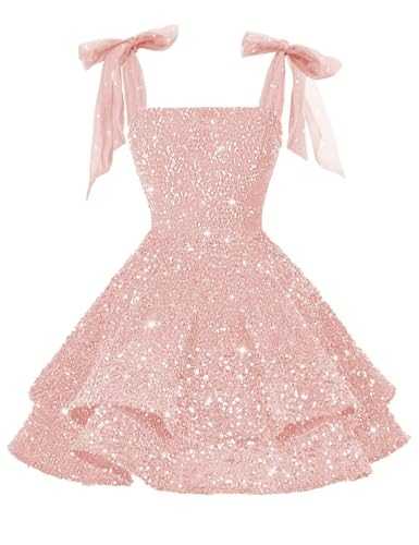 RSOETOO Sparkly Sequin Short Homecoming Dresses 2025 Spaghetti Strap Sequin Prom Dress Bow Cocktail Party Dress RO257