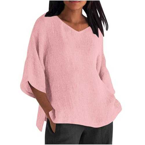 NZYIHAO 3/4 Sleeve Shirt Women's Summer Muslin Blouse V Neck Linen Blouse Casual Plain T-Shirt Cotton Linen Tops Large Sizes Tops Loose Tunic Lightweight Long Shirt Long Shirt Blouse Shirt