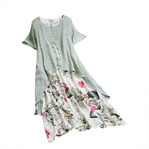 AMDOLE Plus Size Dress Casual Size O-Neck Print Dress Patchwork Maxi Women Sleeve Plus Short Summer Vintage Women's Dress Womens Dresses Casual Summer