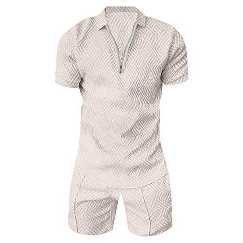 Uwdiohq Men's Activewear Suit Summer Luxury Pattern Design Mens Short Sleeve Shirt Corrugated Lapel Zipper Lounge Mens Shorts Swith Pocket Fashion Casual Sports Suit Summer Hawaiian Beach Vacation