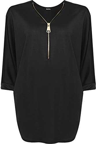 WearAll Womens Plus Zip Curved Hem V-Neck Batwing Sleeve Top New Ladies Baggy Blouse 12-26