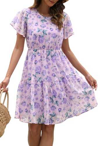 Manydress Women's Chiffon Floral Dresses Casual Summer Boho Flutter Sleeve Flowy Skater Western Dress MY112