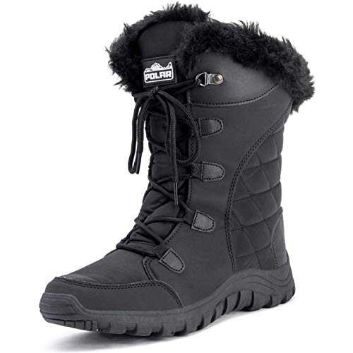 Polar Womens Quilted Lace Up Waterproof Black Outdoor Cuff Snow Rain Duck Boot
