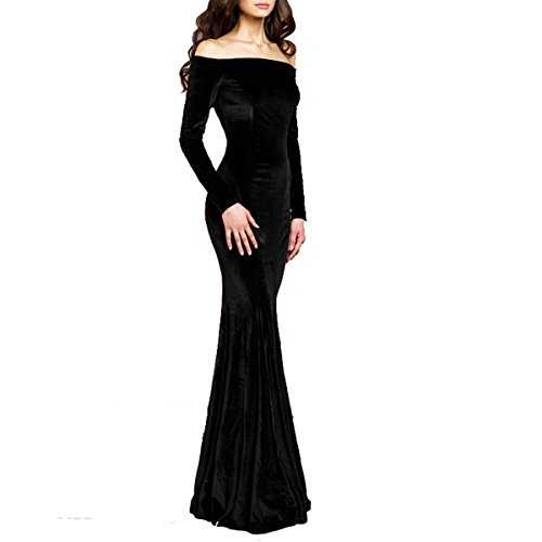 TTYbridal Off The Shoulder Velvet Mermaid Evening Gown Long Prom Party Dresses with Two Sleeves, Black, 12