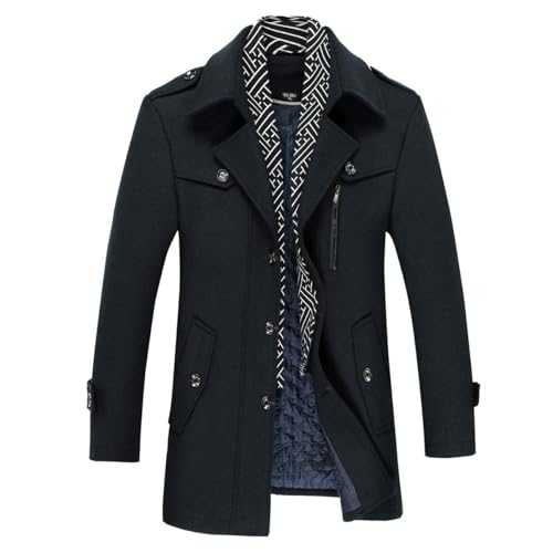 Mens Winter Wool Trench Coat Scarf Collar Warm Coat Jacket Casual Mid Length Overcoat