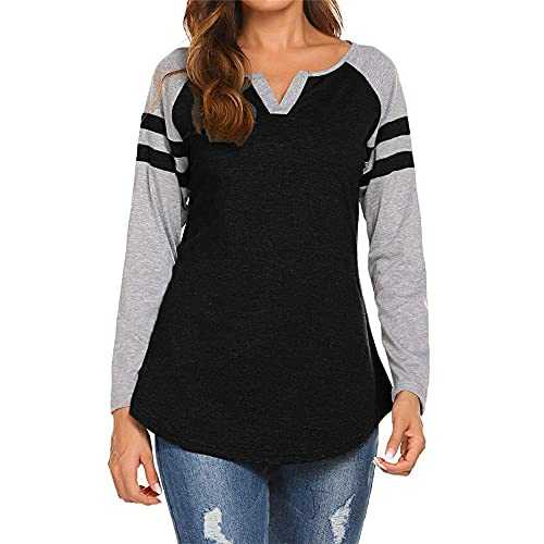 PRJN Women's Long Sleeve Baseball Tee Shirt Striped Top T Shirts Womens Tops Long Sleeve Tops for Women Casual Baggy Short Sleeve Tee Shirts Womens Summer V Neck Long Sleeve Baseball Tee Shirts