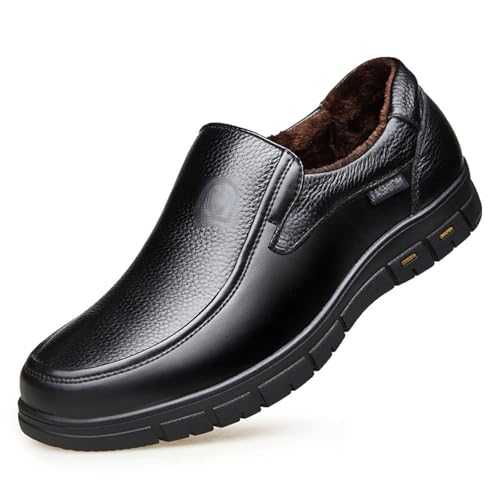 MANYUBEI Men's Leathe Shoes, Velvet Lining Slip on Loafers Shoes Winter Cotton Shoes Business Casual Flat Dress Shoes Warm Walking Comfortable House Shoes