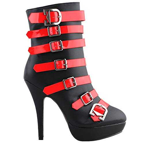 SHOW STORY Fashion Black Red Two Tone Strappy Buckle Gladiator Platform Ankle Bootie,LF30484