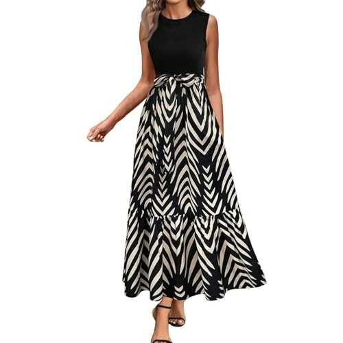 Women Floral Dresses Long A Line Flowy Dresses U Neck Summer Maxi Dress Wrap Waist Casual Boho Dress with Pockets Elegant Formal Work Office Sundress Party Wear Wedding Guests