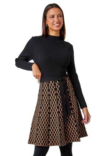 Roman Originals Ribbed Jumper Dress for Women UK with Contrast Panelled Skirt Ladies Everyday Autumn Winter High Neckline Comfy Soft Evening Vacation Work Party Night Out