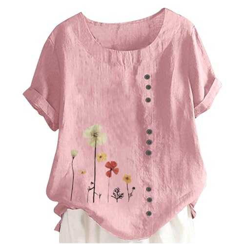 TURWXGSO Womens Tops Round Neck Short Sleeve Dressy Blouse Casual Floral Printed Button T-Shirt Plus Size Linen Shirts Loose Stylish Top for Everyday Going Out S-5XL Sale