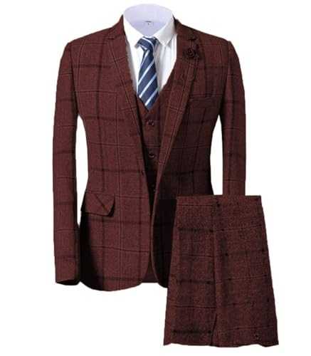 Pkrboro Men's Checked Three-Pieces Suit Set Notch Lapel Single Breasted Button Jacket Vest and Pants Banquet Daily Tuxedos