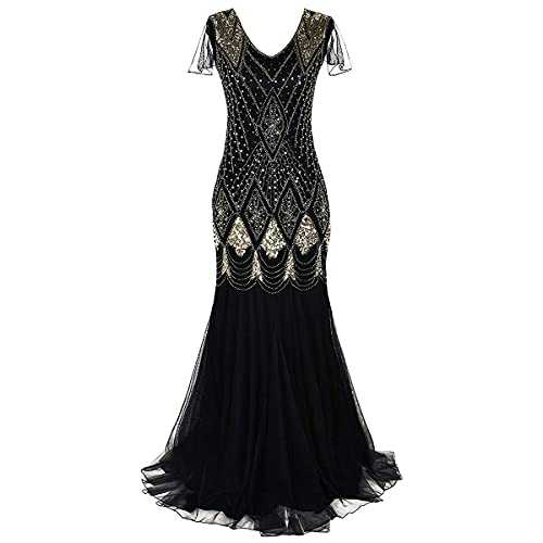 IBTOM CASTLE Flapper Dresses 1920s Gatsby - Womens Vintage V Neck Beaded Sequin Mermaid Hem Formal Evening Party Plus Size Cocktail Maxi Gown Prom Halloween Fancy Dress Costume