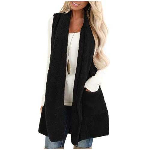 AMhomely Long Teddy Gilet For Women UK Double Fleece Sleeveless Jacket With Pocket Solid Casual Fluffy Waistcoats Plain Bodywarmer Fuzzy Fleece Jacket Vest Loose Fit Fleece Outwear
