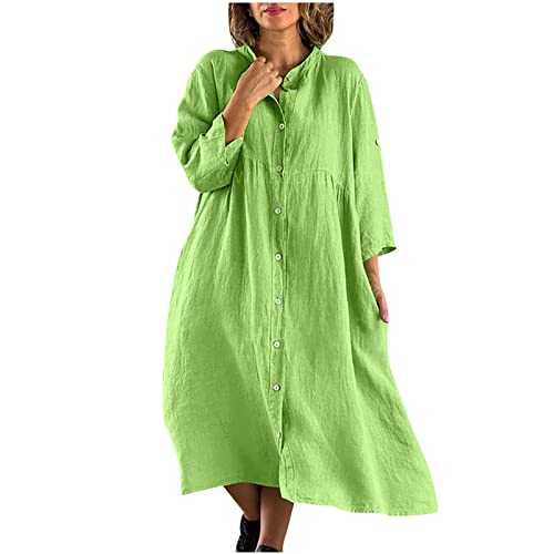 Keepink Midi Dresses for Women UK 3/4 Sleeve Collar Button Up Shirts Dress Womens Plus Size Linen Casual Oversized Tunic Dress Elegant Work Office Dress Ladies Dress 8-20 Clearance