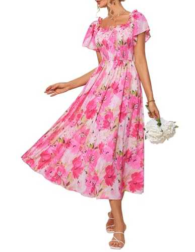 GRACE KARIN Women Summer Off-Shoulder Floral Maxi Dress Casual Short Sleeve A-Line Smocked Dress for Women UK