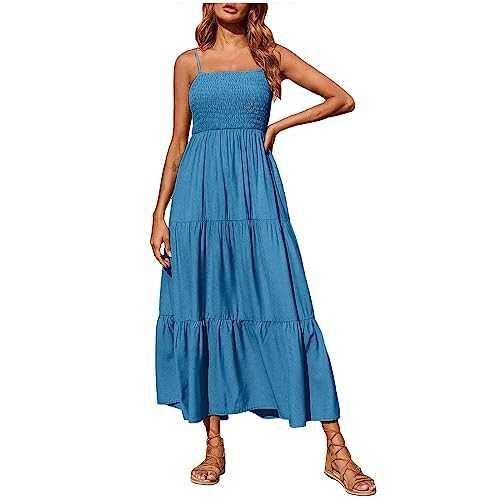 AMhomely Summer Dresses for Women UK Clearance Bohemian Smocked Tiered Long Beach Sun Dresses Sleeveless Solid Maxi Dress Ladies Floral Swing Dresses with Spaghetti Straps Petite Sexy Dress