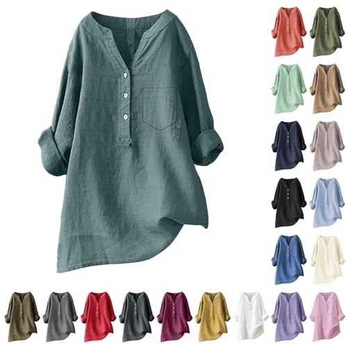 Linen Blouse Women's Long Sleeve Cotton Blouse Shirt Women's 3/4 Sleeve Elegant Tunic Linen Long Sleeve Basic Long Blouse Plain Linen Tops Summer Button-Down Blouse Loose Muslin Blouse Long Shirt