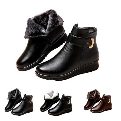 Winter Boots for Women Wide Fit Low Heel Boots Side Zipper Boots Short Leather Boots Durability Wedge Ankle Boots Casual Non Slip Round Toe Trekking Boots Metal Buckle Padded Velvet Boots