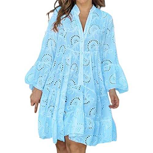 Plus Size Pocket Dress Europe and The United States Spring and Summer Solid Color V Neck Loose Embroidered Hollow Lace Flower Sexy Dress Over All Dress