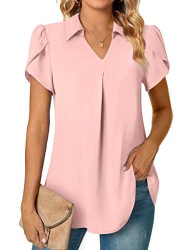 Aodemo Women Summer Dressy Collared V Neck Chiffon Pleated Blouse Short Sleeve Tunic Tops Casual T-Shirts