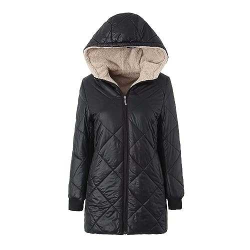 Womens Winter Coats Warm Sherpa Lined Quilted Coat Warm Padded Jacket with Hooded Pockets Thickened Windproof Outerwear Fleece Puffer Down Jacket Cotton Autumn Waterproof Coats Comfy Work Outwear