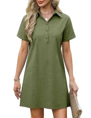 Women Summer Dresses Casual T-Shirt Ladies Midi Dresses 100% Cotton Linen Short Sleeve V Neck Shirt-Dresses Beach Sundress Elegant Loose Tunic with Pockets