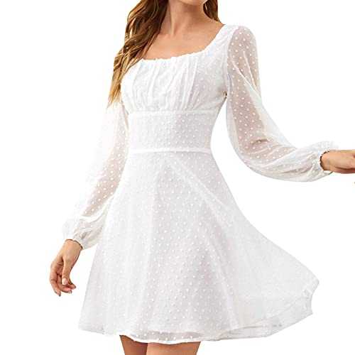 Zeiayuas Milkmaid Dress Women, Milk Maid Dress for Women Square Neck Long Sleeve Midi Dress Boho Elegant Swiss Dot Chiffon Dresses Casual A-Line Milkmaid Dresses