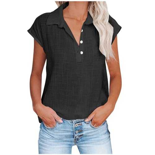 Summer Tops for Women UK Elegant Blouse Lapel Cotton Linen Shirts Button Up Cap Sleeve Tunic Tops Solid Casual Dressy Tops V Neck Party Blouse Tee Shirts Going Out Work Office