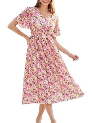 GRACE KARIN Women’s Casual Summer Floral Dress Short Bell Sleeve V-Neck Smock Pleated Dresses A-Line Flowy Chiffon Dress