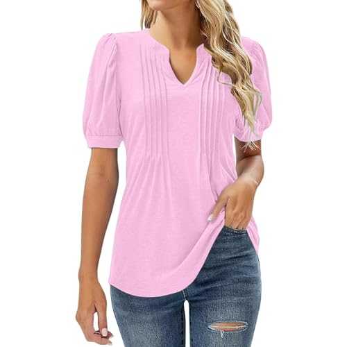 Summer Tops for Women UK V Neck Puff Short Sleeve T-Shirt Ladies Pleated Tunic Top Tee Casual Dressy Plain Blouse Shirts