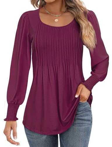 Akiooue Women's Long Sleeve Tops Loose Pleated Tunic Tops Casaul Puff Sleeve Crew Neck Blouse