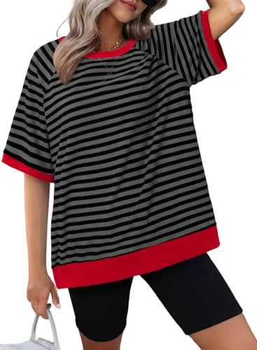 KISSMODA Womens Oversized T Shirts Striped Color Block Summer Tops Crew Neck Short Sleeve Blouses Loose Casual Clothes