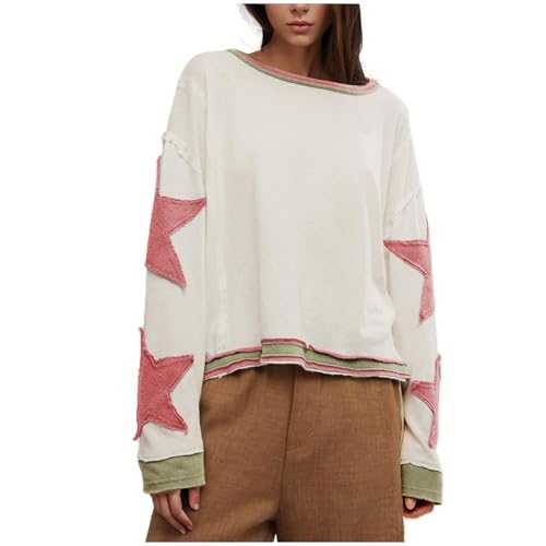 Free People Women's Oversized Sweatshirt Long Sleeve Lightweight Pullover Tops Star Print Drop Shoulder Sweatshirts Y2k Tops Loose Fit Casual Blouses Pullovers Solid Baggy Tops Spring Fall Blouse