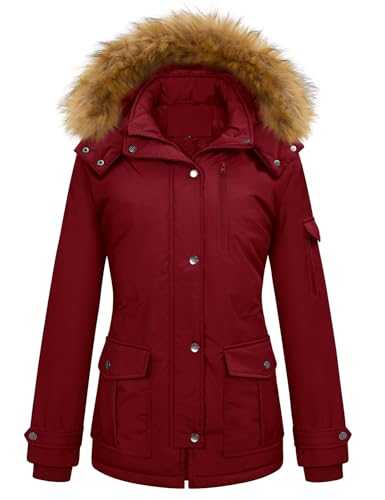 Women's Coats Winter Parka Jacket Fleece Lined Thick Coat with Pockets Warm Hooded Outerwear with Fur Hood Windproof Padded Overcoat for Outdoor Sports