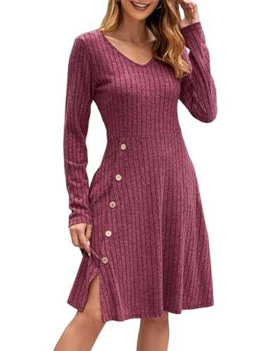 Adigaber Women's Long Sleeve Winter Dress with Pockets Side Buttons Casual V Neck Ribbed Fall Dress