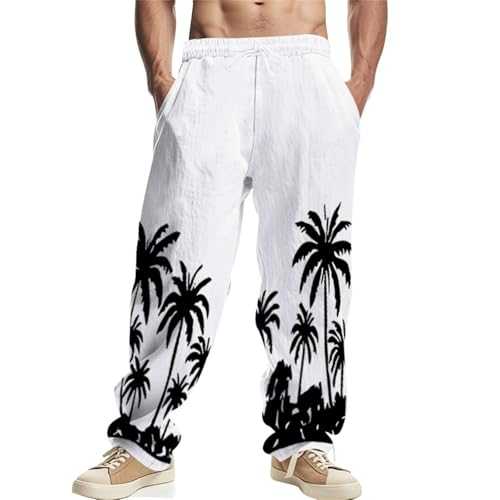 Men's Stylish Trousers with Elastic Pockets Yoga Pattern Lightweight Summer Beach Cotton Linen Casual Tracksuit for Leisure Thin Palm Printed Hawaii Summer Breathable